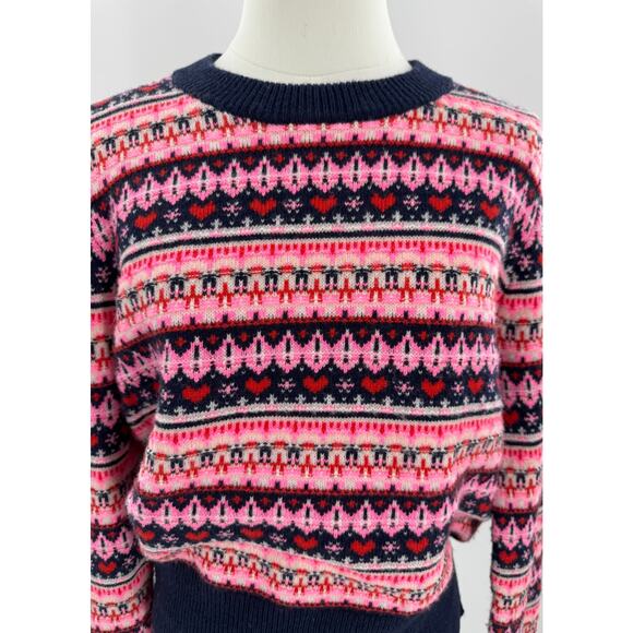 J Crew Fair Ise Sweater Navy Pink Heart Stripe Wool Knit Pullover M - Picture 2 of 9